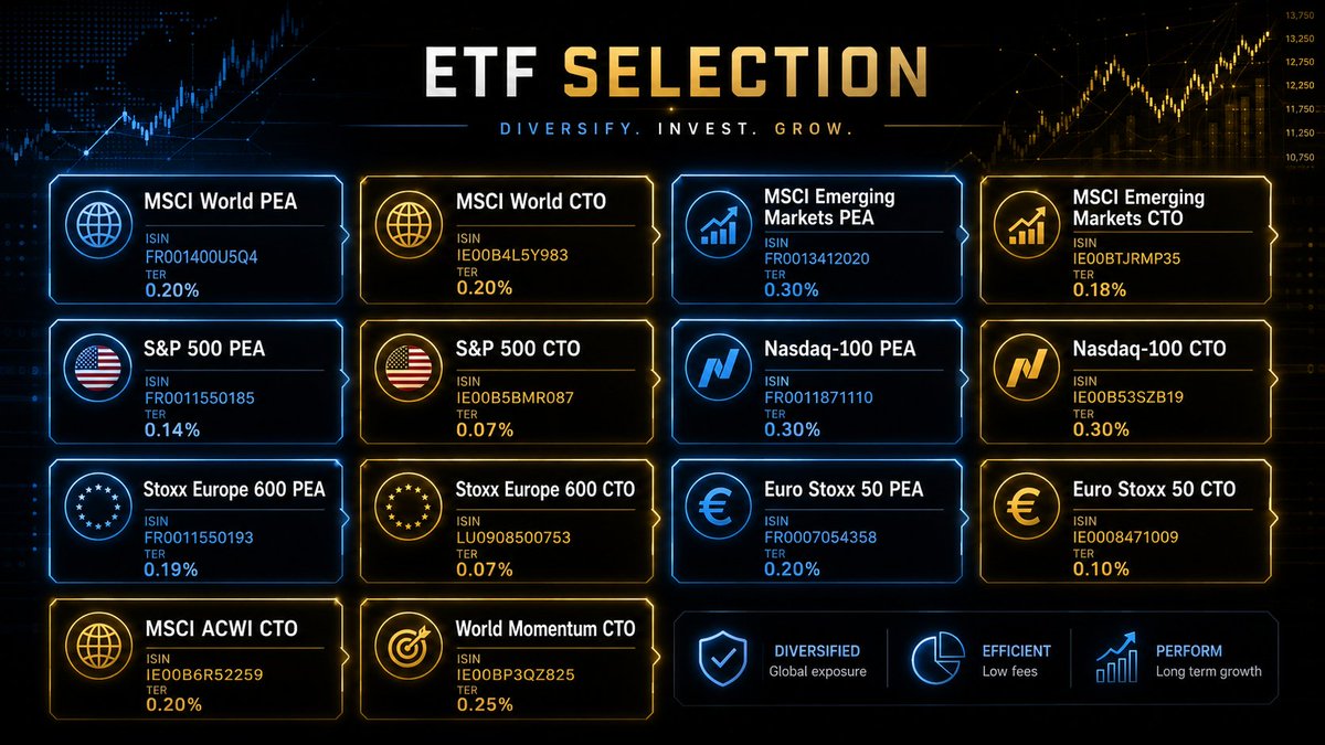 epargnantlibre's tweet photo. Les ETF que j'aurais voulu connaître quand j'ai commencé à investir.🧵👇

🌍 MSCI World : 1 500 entreprises, 23 pays développés en un seul ETF
→ PEA : FR001400U5Q4 (Amundi)
Frais : 0,20%
→ CTO : IE00B4L5Y983 (iShares)
Frais : 0,20%

🌏 MSCI Emerging Markets : s'exposer à la croissance de l'Inde, la Chine, le Brésil avec un filtre ESG
→ PEA : FR0013412020 (Amundi, version ESG)
Frais : 0,30%
→ CTO : IE00BTJRMP35 (Xtrackers)
Frais : 0,18%

🇺🇸 S&P 500 : les 500 plus grandes entreprises américaines
→ PEA : FR0011550185 (BNP Paribas Easy)
Frais : 0,14%
→ CTO : IE00B5BMR087 (iShares)
Frais : 0,07%

🇺🇸 Nasdaq-100 : les géants de la tech américaine (Apple, Nvidia, Microsoft…)
→ PEA : FR0011871110 (Amundi)
Frais : 0,30%
→ CTO : IE00B53SZB19 (iShares)
Frais : 0,30%

🇪🇺 Stoxx Europe 600 : les 600 plus grandes entreprises européennes
→ PEA : FR0011550193 (BNP Paribas Easy)
Frais : 0,19%
→ CTO : LU0908500753 (Amundi Core)
Frais : 0,07%

🇪🇺 Euro Stoxx 50 : les 50 champions de la zone euro (LVMH, SAP, ASML…)
→ PEA : FR0007054358 (Amundi)
Frais : 0,20%
→ CTO : IE0008471009 (iShares, version distribuante)
Frais : 0,10%

🌐 MSCI ACWI : le monde entier en un ETF : pays développés + émergents (2 500 entreprises)
→ CTO : IE00B6R52259 (iShares)
Frais : 0,20%

📈 MSCI World Momentum : le World, filtré sur les actions qui montent le plus fort
→ CTO : IE00BP3QZ825 (iShares Edge)
Frais : 0,25%

💬 Tu détiens lesquels ? Et avec quelle allocation ? Dis-moi en commentaire 👇