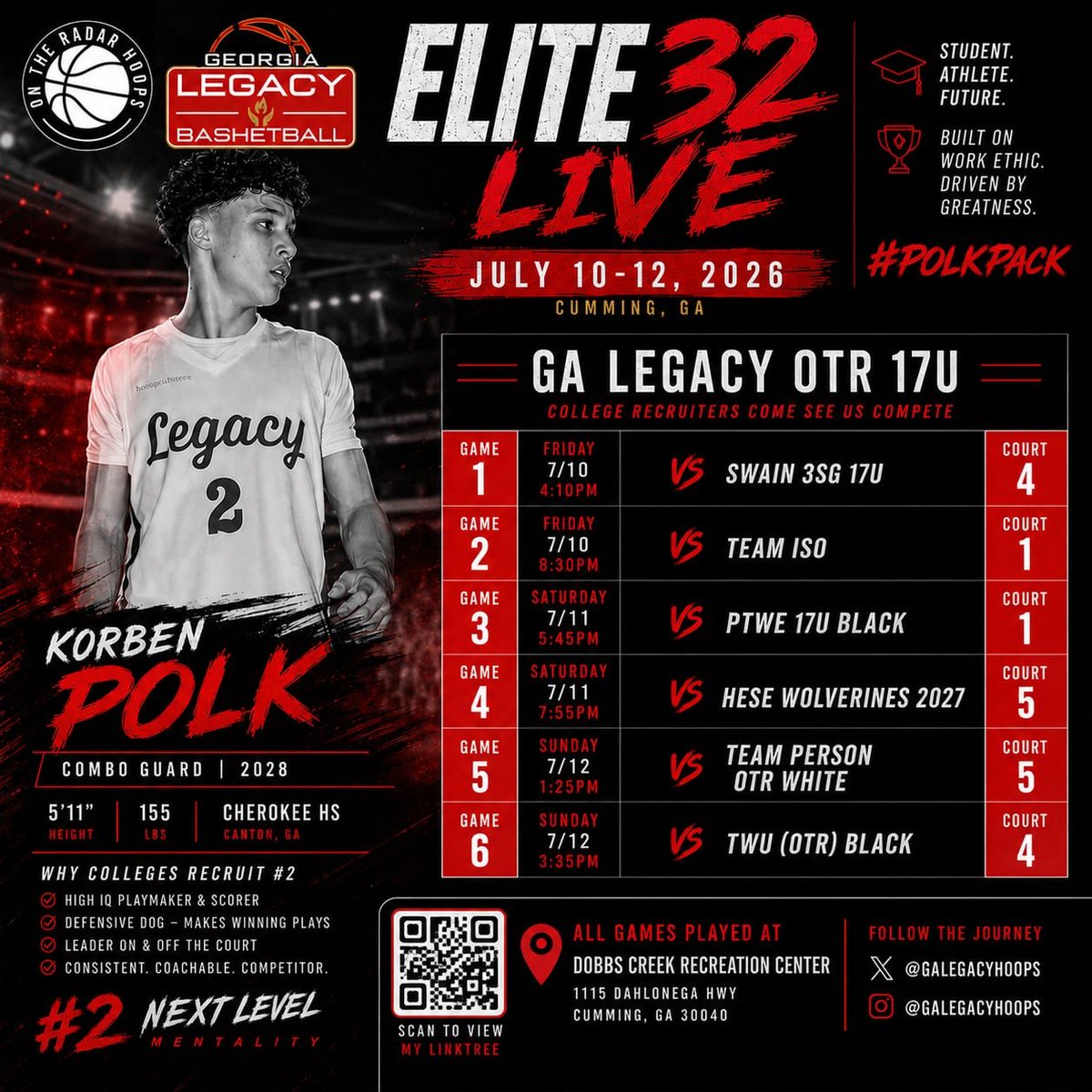 KorbenPolk's tweet photo. Schedule is set! I'm thankful for the chance to play up with the @galegacyhoops 17U team this weekend at @OTRHoops Elite 32 Live. Excited to compete, keep getting better, and do whatever it takes to help us win.

Hope to see some college coaches in the gym this weekend!

#ClassOf2028 #GeorgiaLegacy #OTRHoops #Elite32Live #PolkPack