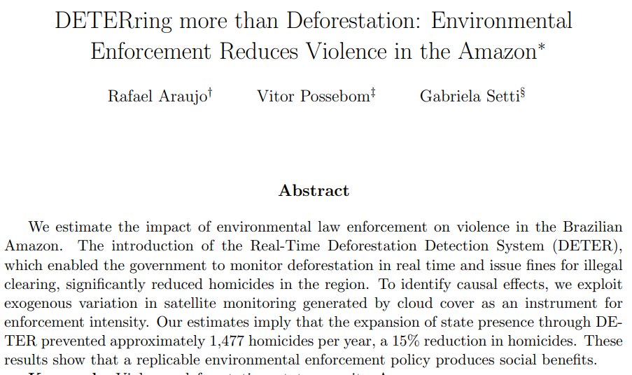 PossebomVitor's tweet photo. Nossas estimativas sugerem que o Sistema DETER de Monitoramento Ambiental via Satélite preveniu quase 1.500 homicídios por ano na região da Amazônia, uma redução de aproximadamente 15%. https://t.co/hQzsS39Mdd
