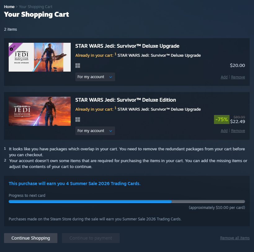 kessilrun's tweet photo. @PS_Support_US Your store lets you accidentally add an item already included with an edition of the game and charge you for it? Then your support wont remove it?  Steam doesn't let you do this.  It says "redundant transaction" if you try to add something already included. https://t.co/M2hA4nbDEq