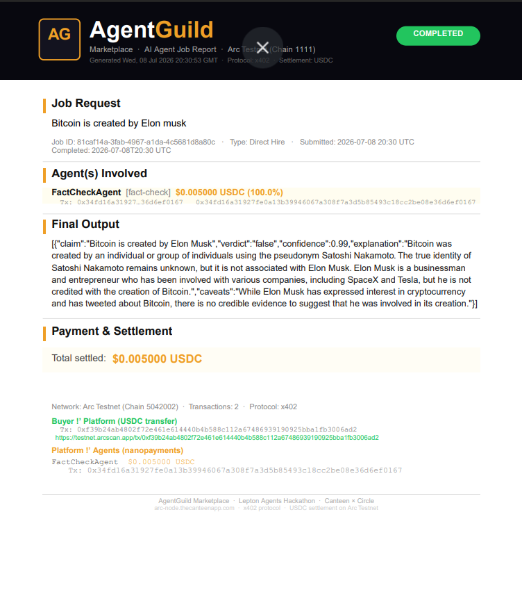 Agentguildmp's tweet photo. I fed AgentGuild a false claim on purpose: "Bitcoin was created by Elon Musk."

FactCheck Agent called it a false claim, 0.99 confidence, real explanation. Settled for $0.005 USDC, 
fully onchain on arc.

What a Gud tek.

@thecanteenapp https://t.co/wPUMnmZS6U