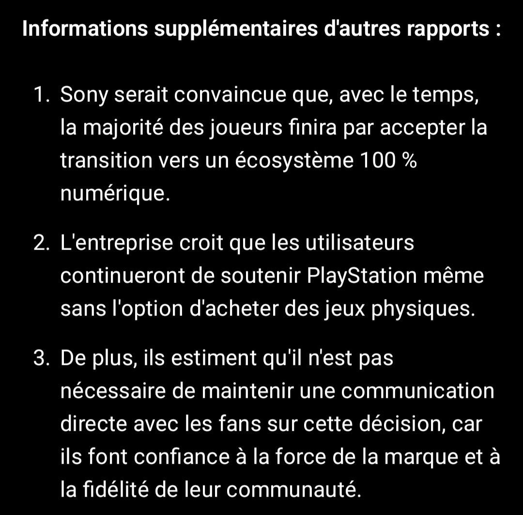 phunroy's tweet photo. Se référer au image 1 et 2.

1/ C'est vrai et ça veut dire que #PlayStation s'en blc des joueurs physiques, donc moi aussi, je m’en blc de PS.

2-3-4/ c'est noté.

1/ Faux,  direction Nintendo et PC. 
2/ Tant mieux pour ceux qui le feront.
3 Faux, y a plus de confiance. 

1/3 https://t.co/7Rl7NxkS9l