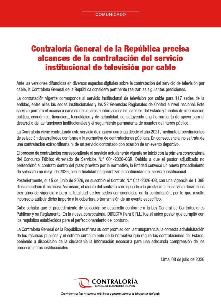 cuscopost's tweet photo. 📢🏛️📺 La @ContraloriaPeru aclara que la contratación de Direct TV no es por el mundial.  🔎 La CGR informó que la contratación vigente del servicio de TV por cable es una atención para sus 117 sedes del país y lo viene contratando continuamente desde el año 2021. https://t.co/fxrhFIDj5m