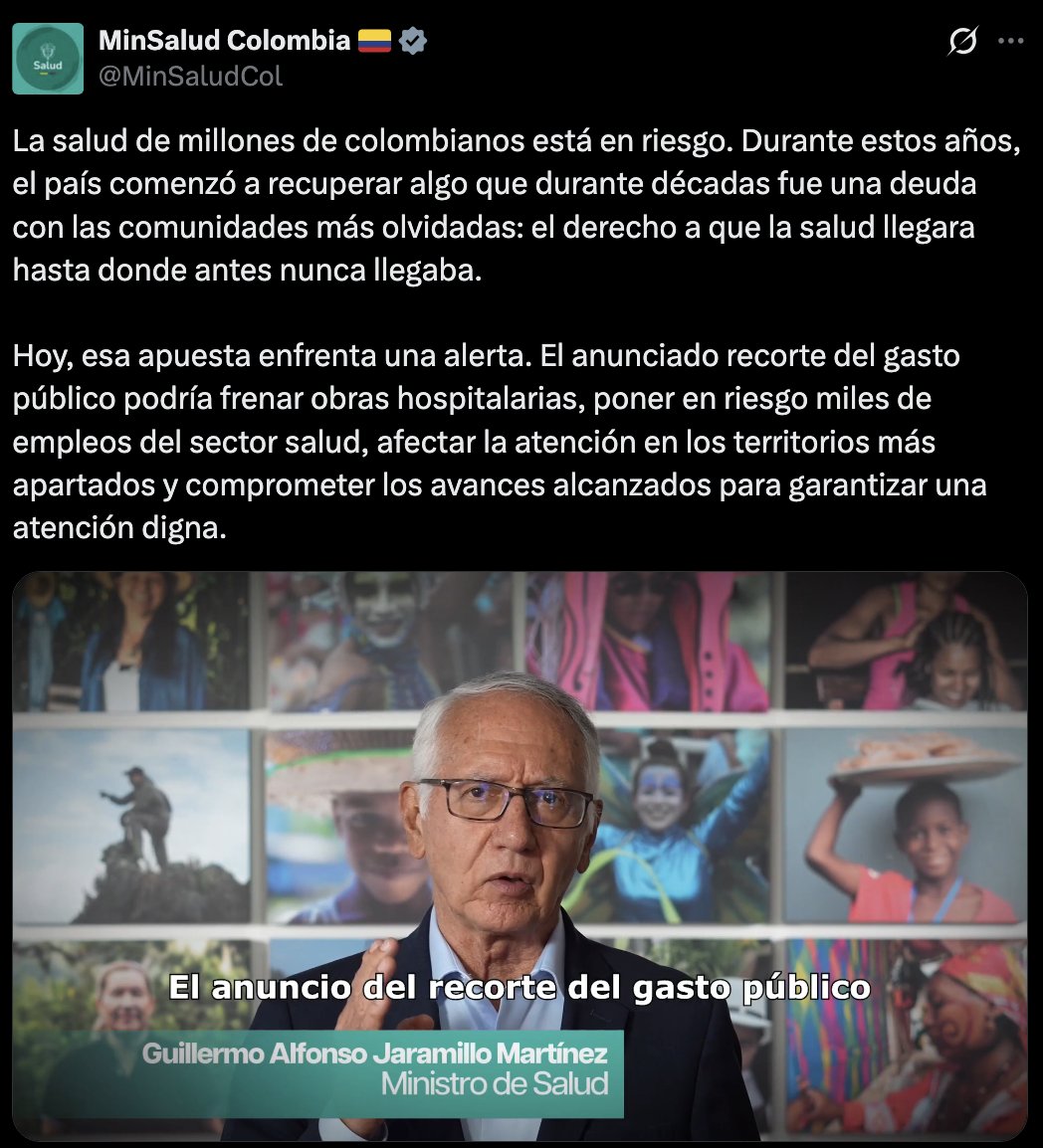 normahurtados's tweet photo. ¿En qué país ha estado, ministro @GA_Jaramillo? El sistema de salud no se deteriora con la entrada del nuevo gobierno, tocó fondo bajo su administración y la de su antecesora. Hoy millones de colombianos lo viven cada vez que esperan un medicamento, una cita o un tratamiento.

No intenten trasladar responsabilidades. Ustedes desmantelaron un sistema que necesitaba correcciones, no demolición. El reto del nuevo gobierno será reconstruir la salud de los colombianos, ¡no se lave las manos!