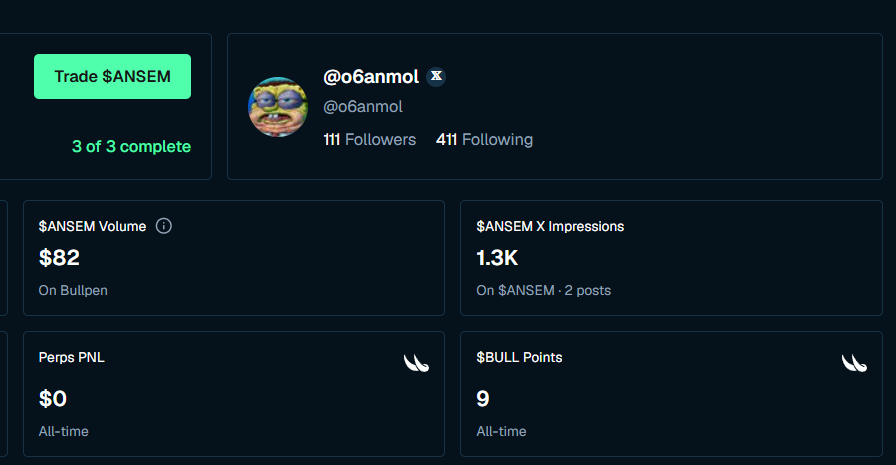 o6anmol's tweet photo. @BullpenFi finally updated their stats, even though the impressions aren't accurate i think it will take some time to update. 

also got some bull points but i dont know what they are for https://t.co/cxVNPWkSmL