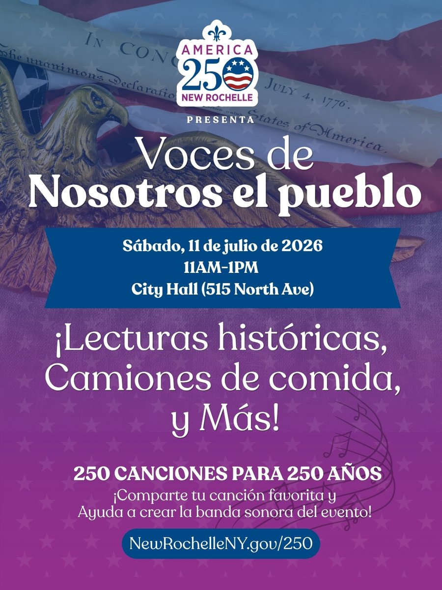 NewRochelleNY's tweet photo. Join us for Voices of We the People on Saturday, July 11, from 11 AM–1 PM at New Rochelle City Hall for a powerful community reading of the Declaration of Independence and other historic texts. ✨ Learn more: https://t.co/YGLydSQoLG https://t.co/l5KJvZ1Wv3