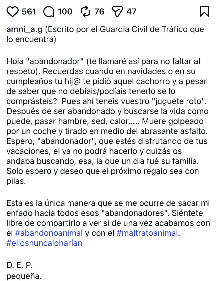 Sibarita5_0's tweet photo. Gracias al guardia civil que ha escrito estas palabras para este pobre animal que ha encontrado atropellado en la carretera. Espero que el que la abandonó termine igual. DEP, pequeña. https://t.co/8aJm69zwJO