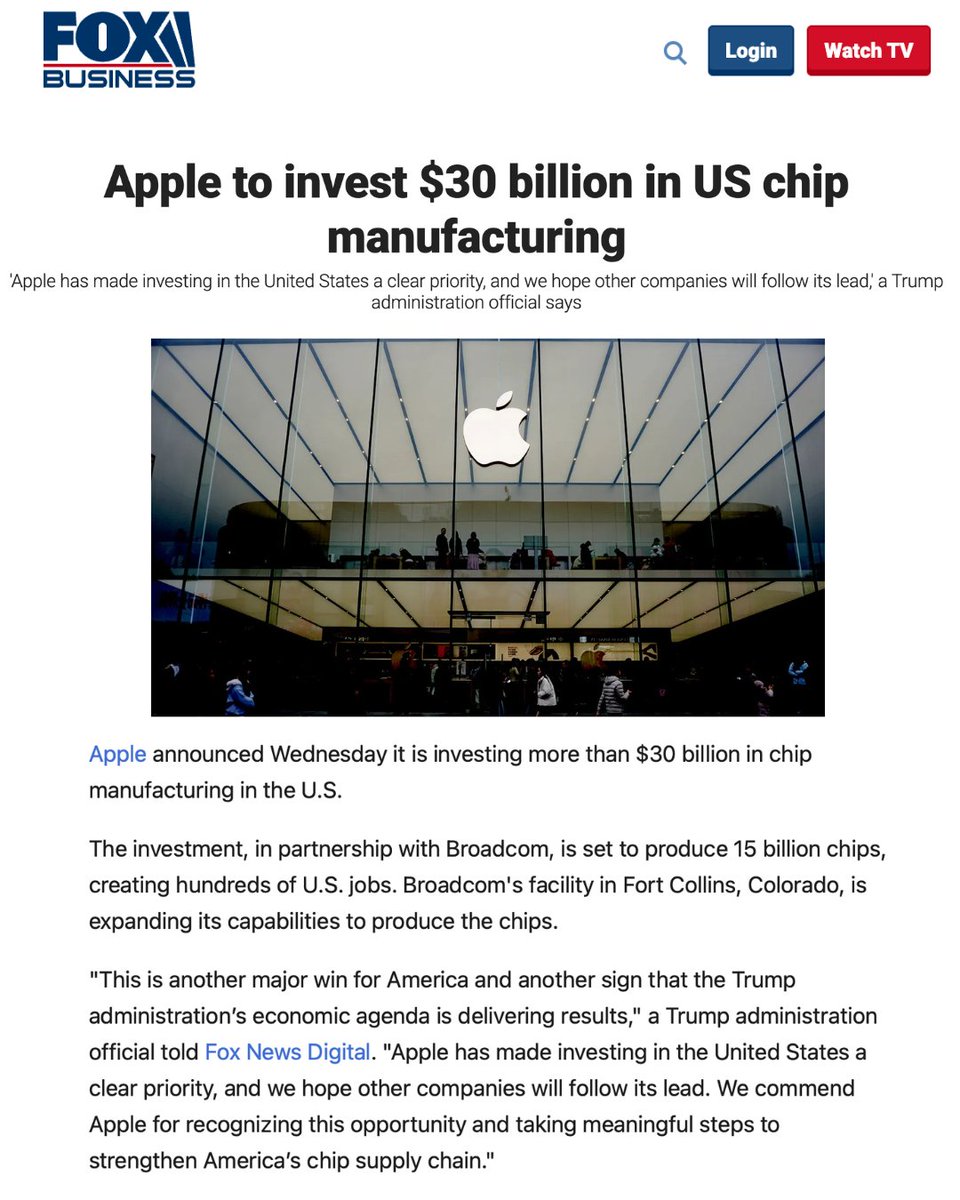repgabeevans's tweet photo. Another major win for American manufacturing. 🇺🇸

Apple is investing $30 billion to manufacture chips here in the United States—including expanding production in Fort Collins, Colorado.

More American jobs. Stronger supply chains. Greater economic and national security.

That's what happens when we invest in America first.