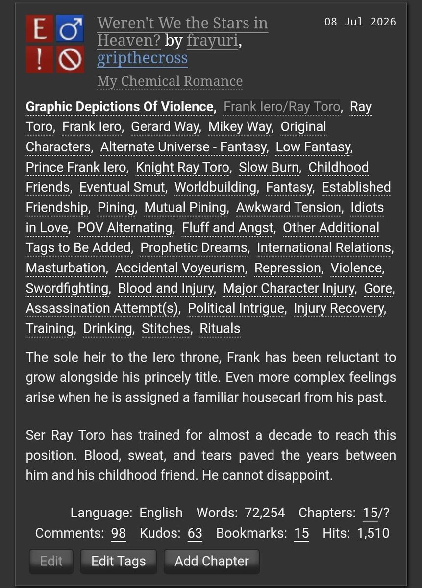frayggot's tweet photo. Happy WWTSIH Wednesday~ Fraytasy is back with chapter 15 posted, by @gripthecross and @frayggot π #FrayNation #mcrtwt #Fray Give it a read!! https://t.co/Rmw0uECaQH https://t.co/yiMkHdHmwN