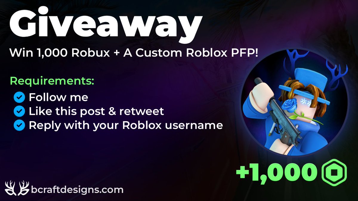 realbcraft's tweet photo. 🎉Giveaway Time!🎉

🏆1,000 Robux + FREE Custom Roblox PFP

How to enter: 
✅Follow me 
❤️Like this post &amp; Retweet
💬Reply with your Roblox username

📅Ends: 07.15.26 @ 12:00 PM EDT
🎲1 random winner chosen &amp; DM'ed. (New winner picked if no reply in 48 hours).

Good luck!🍀 https://t.co/4fLHGN9nKn