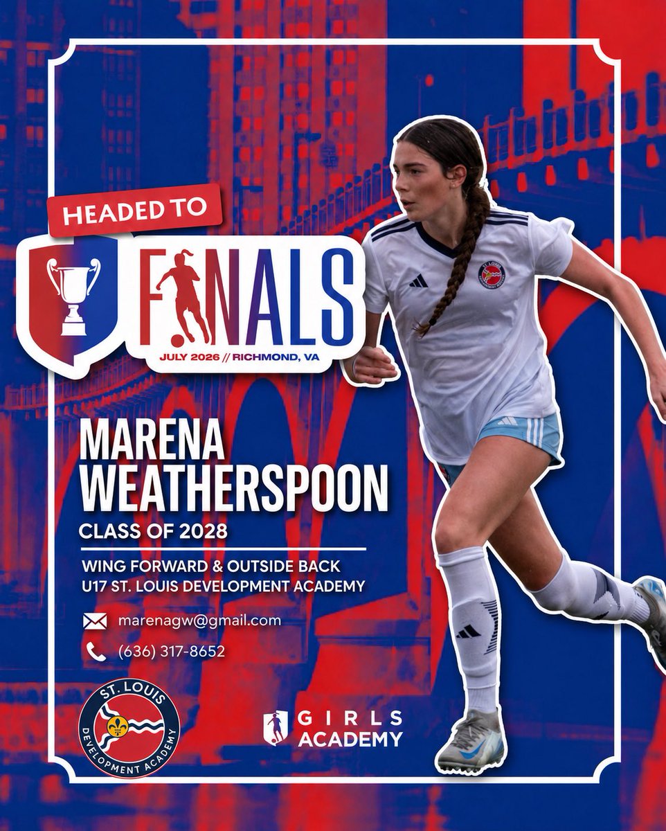 Marena_Spoon's tweet photo. I’m so grateful and excited for the opportunity to compete with the St. Louis DA 2009 team for Girls Academy Finals this weekend in VA!  Quarterfinals kick off tomorrow!

📆 Thursday, July 9th @ 8PM ET
⚽️ vs SC Del Sol 09GA
📍 River City Sportsplex
🏟️ Field 3
👕 Jersey No. 7 https://t.co/Bof1cRIXUj