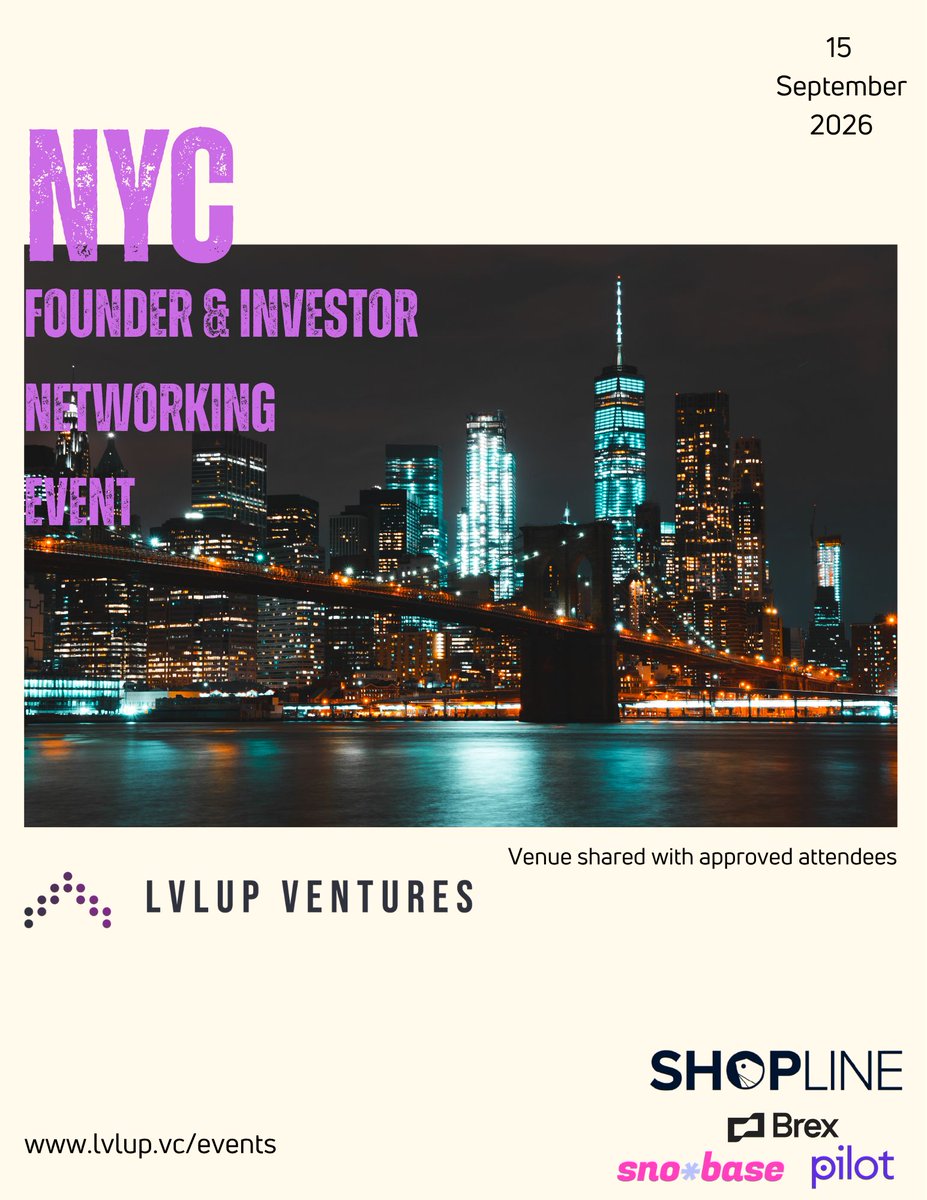 Lvlupvc's tweet photo. 🗽 New York, we're back. 

On September 15th, we're bringing together some of the most ambitious founders, investors, and operators in the startup ecosystem for another LvlUp Founder & Investor Networking Event.

The best opportunities happen in conversations.
The founder you meet over a drink becomes your next customer.
The investor you weren't expecting to meet becomes your next partner.
The introduction you almost didn't make changes the trajectory of your company.

That's why we keep building these rooms.

Expect:
✨ 200+ founders, investors, and operators
🍸 Open bar & curated food
🥂 Brand tastings and product showcases
🤝 Meaningful conversations
🚀 Live founder pitches

Whether you're raising capital, looking to invest, hiring, or simply expanding your network, this is where New York's startup community comes together.

The venue will be shared with approved attendees.

If you're building something ambitious, we'd love to have you there.
📅 September 15
📍 New York City

Register here: https://t.co/McfsGR0EI4

We'll see you in NYC.

Special thank you to our sponsors SHOPLINE, Snobase, Brex, and Pilot for helping bring this event to life. 

#Startups #Founders #VentureCapital #Networking #NYCStartups #Entrepreneurship #Tech #CPG #AI #Innovation