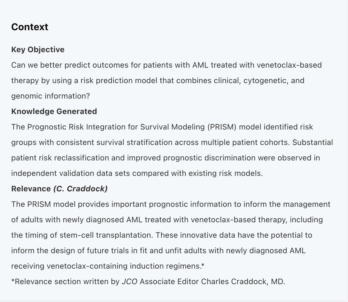 mtmdphd's tweet photo. Risk Prognostication After Hypomethylating Agents + Venetoclax in AML: PRISM Risk Model [Jul 2, 2026] @CLachowiez @LeukDocJZ et al. @JCO_ASCO 
https://t.co/ZRKsoIoXo9 #AMLsm #leusm 
https://t.co/18KYGKuYJV
@sanamloghavi thread: https://t.co/vZzJ6DMlaB https://t.co/L2w9rwxXsD