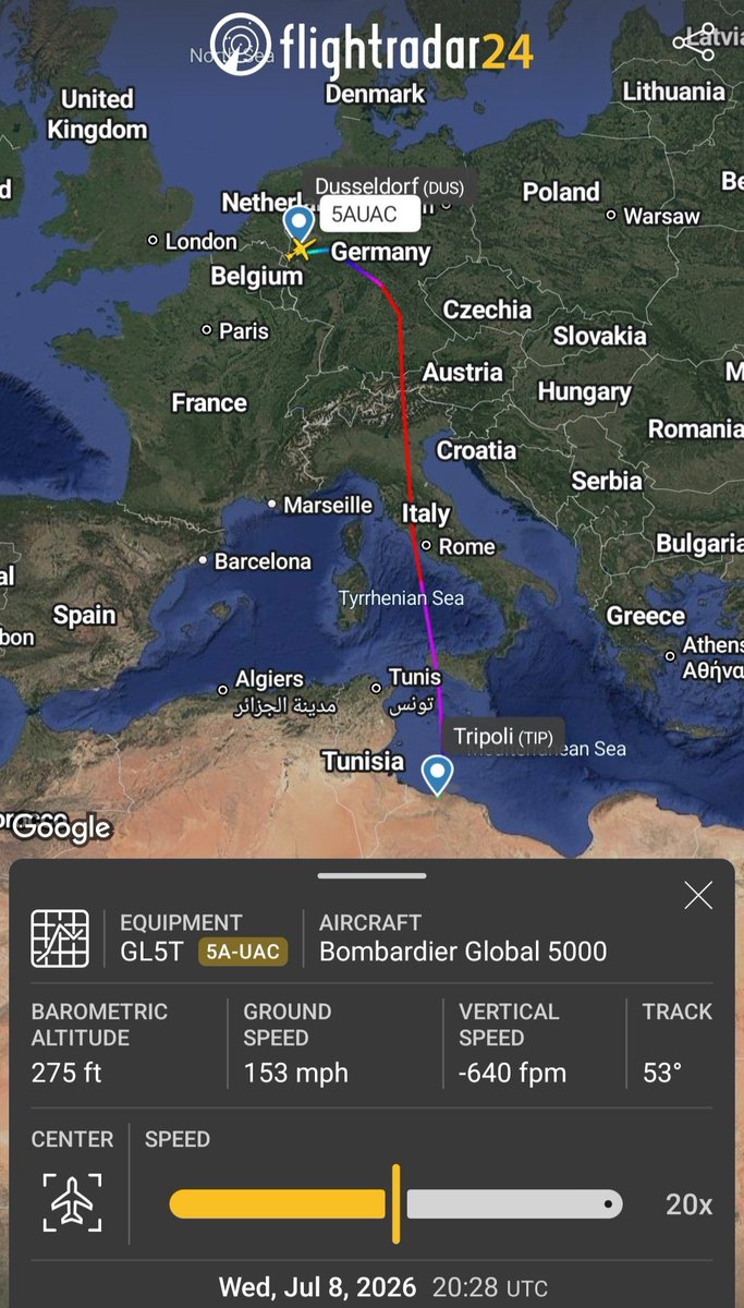 Libyan Govt Global 5000 5A-UAC #01804E departed Tripoli, landed