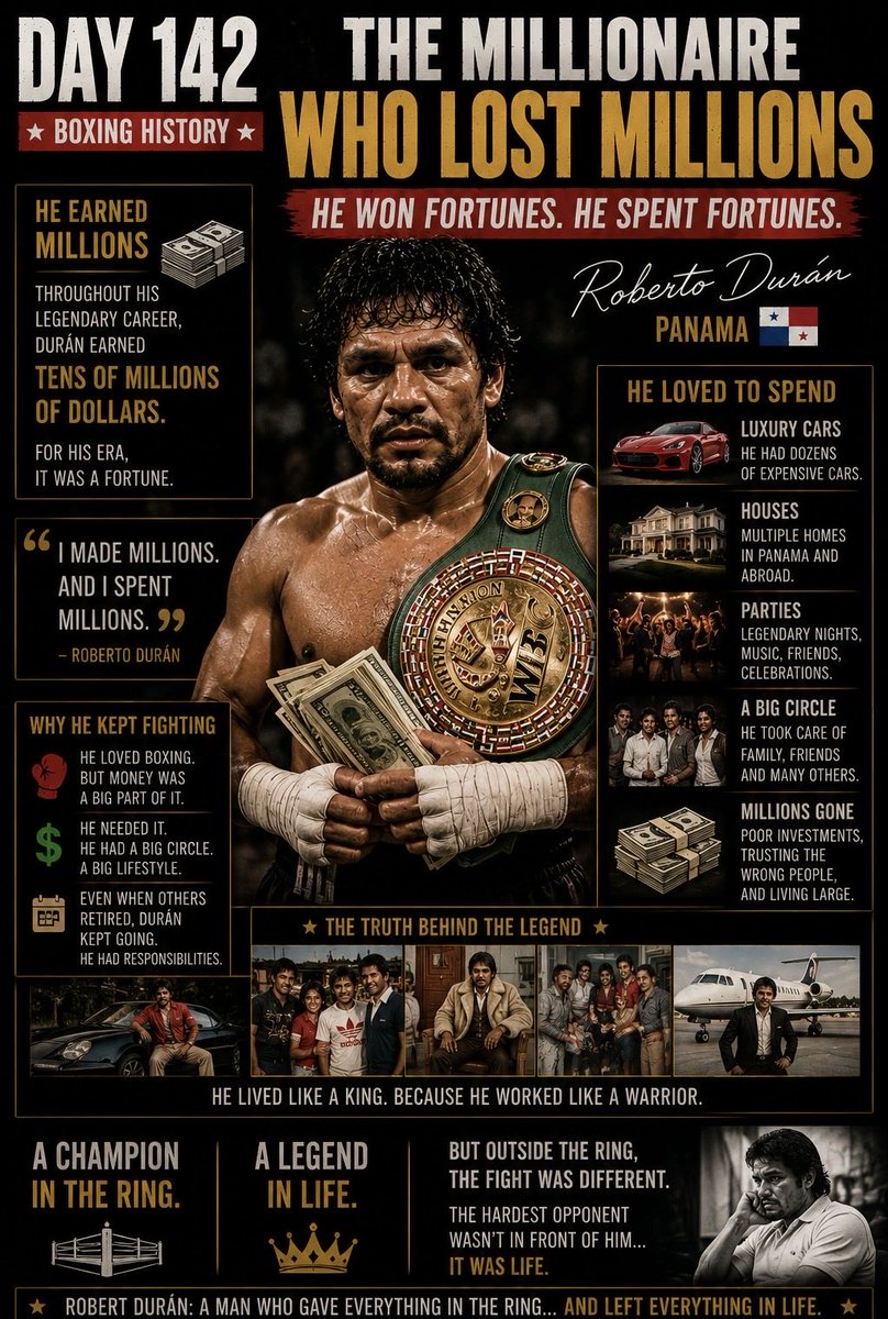 YuryIak's tweet photo. DAY 142: The Millionaire Who Lost Millions
Roberto Durán earned millions during his legendary career.
But he spent millions too.
A champion inside the ring, a reminder that the hardest fight can be life outside of it. 🥊💰
#BoxingHistory #RobertoDuran #BoxingLegend #Day142 https://t.co/CoZyVahICU
