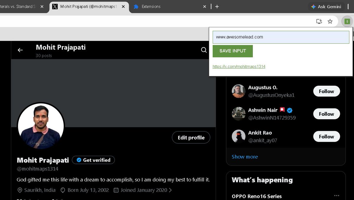 mohitmaps1314's tweet photo. Day 31 | #100daysofcode
V1 is live! 🚀 Built a Chrome Extension to instantly capture profile URLs for lead generation. Thanks to @scrimba  for the foundational skills!
Check it out here:
https://t.co/PtlrvRWA5q
#buildinpublic #fullstackdevelopment #javascript https://t.co/2ri4v3MY3g