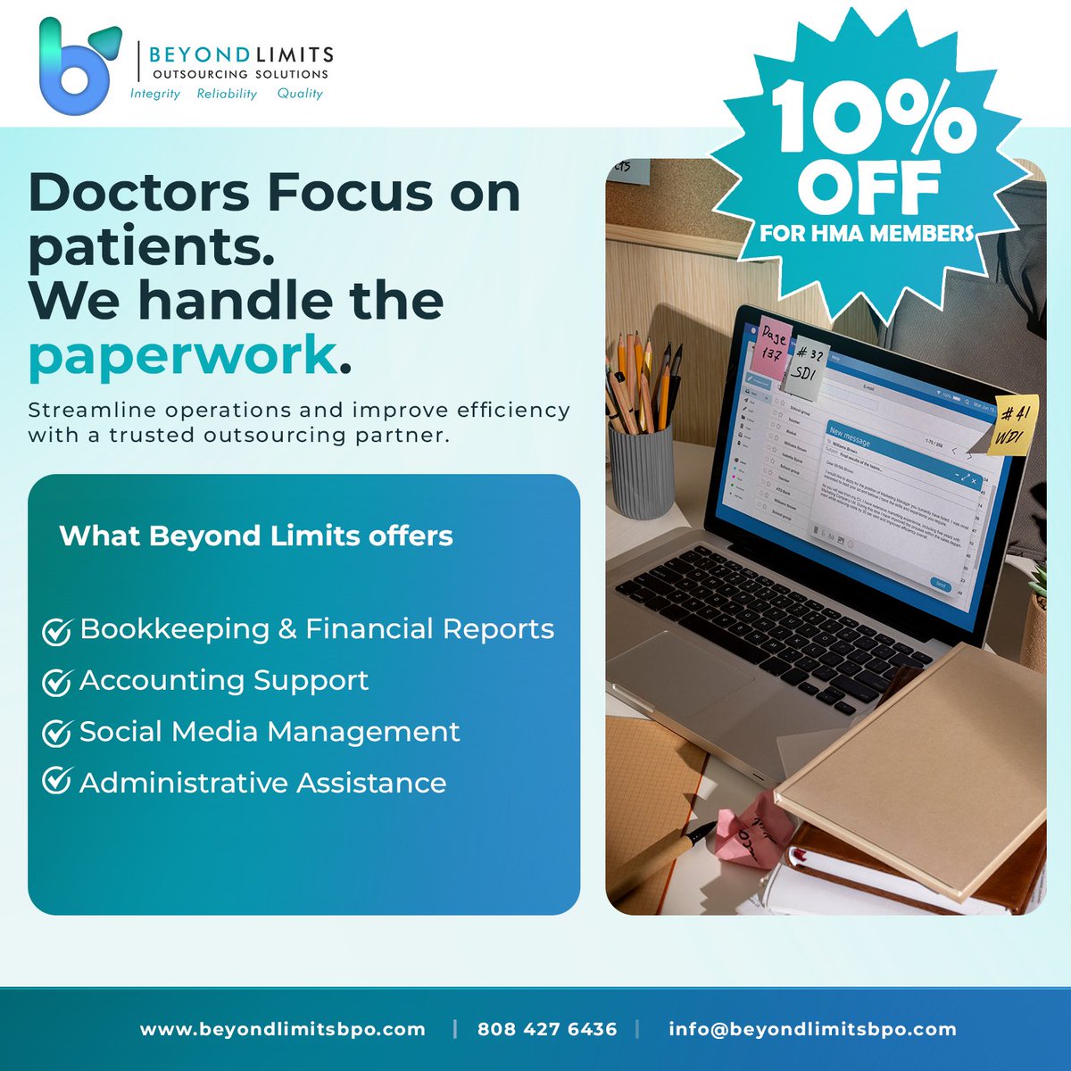 HIMedicalAssoc's tweet photo. Behind every successful organization is a strong support team. Beyond Limits Solutions helps HMA with administrative, accounting, and bookkeeping support — allowing us to focus on serving Hawai'i's healthcare community. Visit: https://t.co/GvolB74Mw9
#HMA #BeyondLimits https://t.co/ElXPKsgx9w
