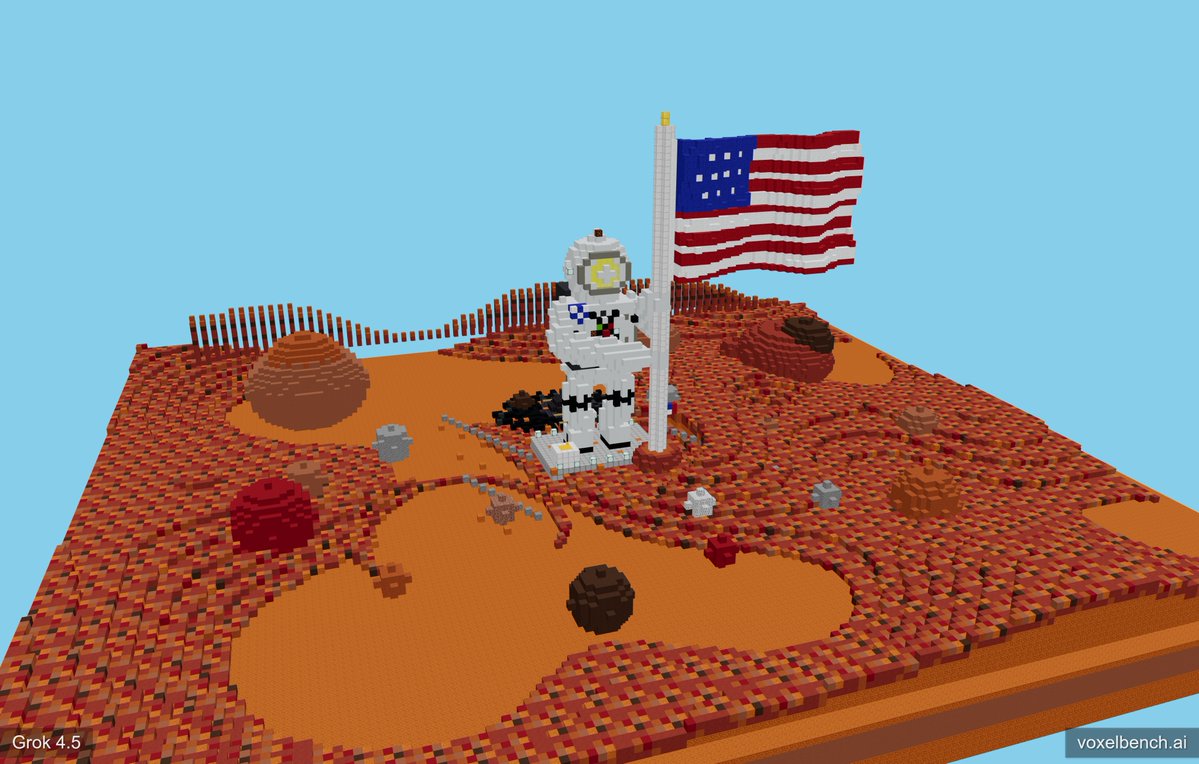 voxelbench's tweet photo. SpaceXAI has released Grok-4.5 and it is a huge improvement over previous Grok versions. 

It matches Opus-4.8 in benchmarks. 

Visit us at voxelbench to see more outputs from Grok 4.5 or vote to shape the leaderboard!

For Elon, we ran 2 Mars related prompts.🚀 https://t.co/5QtoKuAzrJ