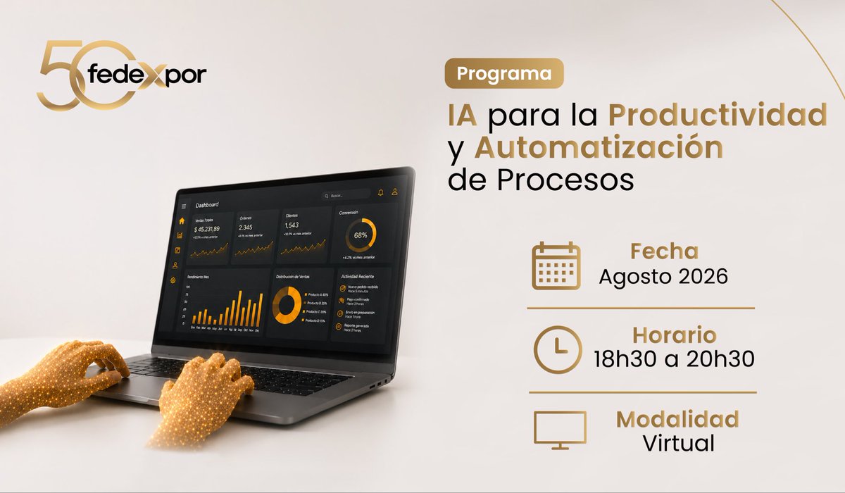Fedexpor's tweet photo. Optimiza la productividad de tu organización con inteligencia artificial. 

En el programa IA para la Productividad y Automatización de Procesos, aprenderás a aplicar prompting efectivo, generar documentos, analizar datos y automatizar reportes, correos y flujos de trabajo. 

📅 Inicio: martes, 4 de agosto de 2026

Inscríbete aquí: https://t.co/UnsYlW8qON