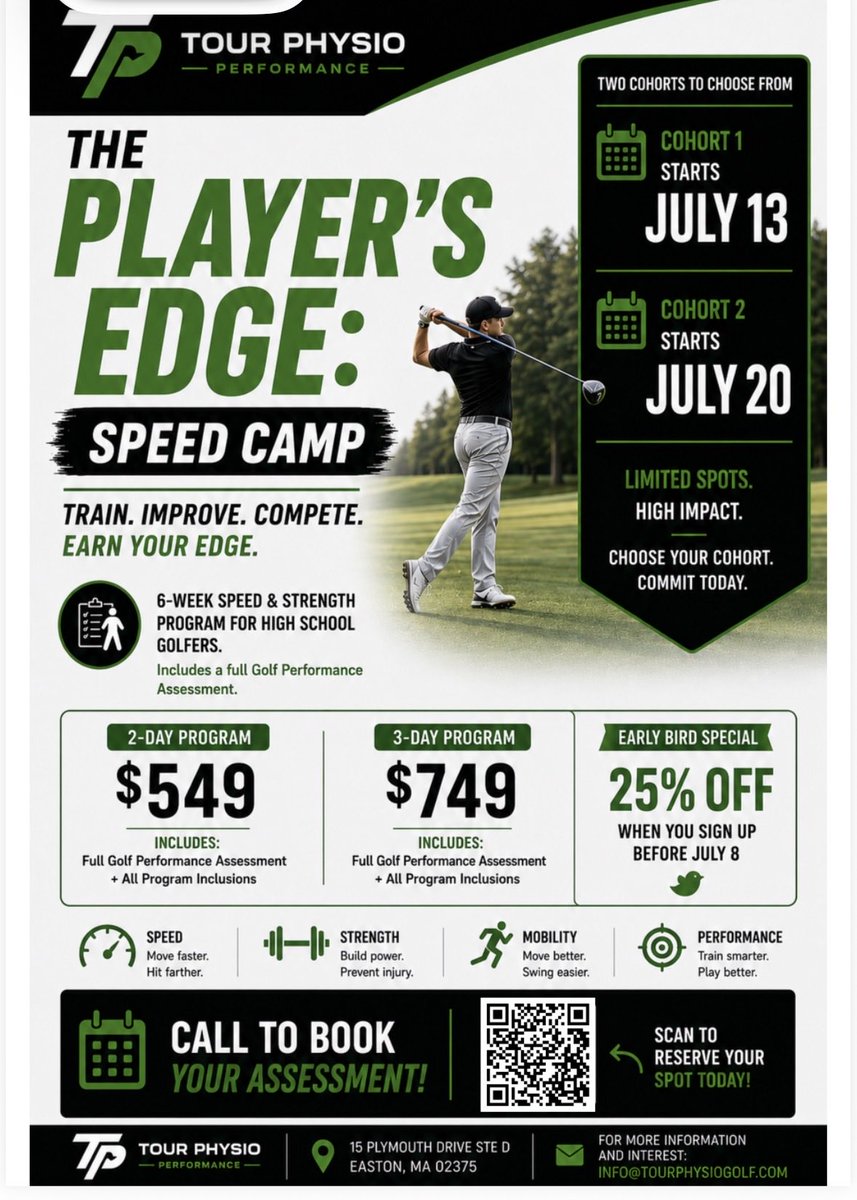 vanguardgolfma's tweet photo. Our partner, Tour Physio, is offering a 6-week Speed Training Camp for high school players and juniors. Check out the flyer for more information. https://t.co/8rGltfdiPb