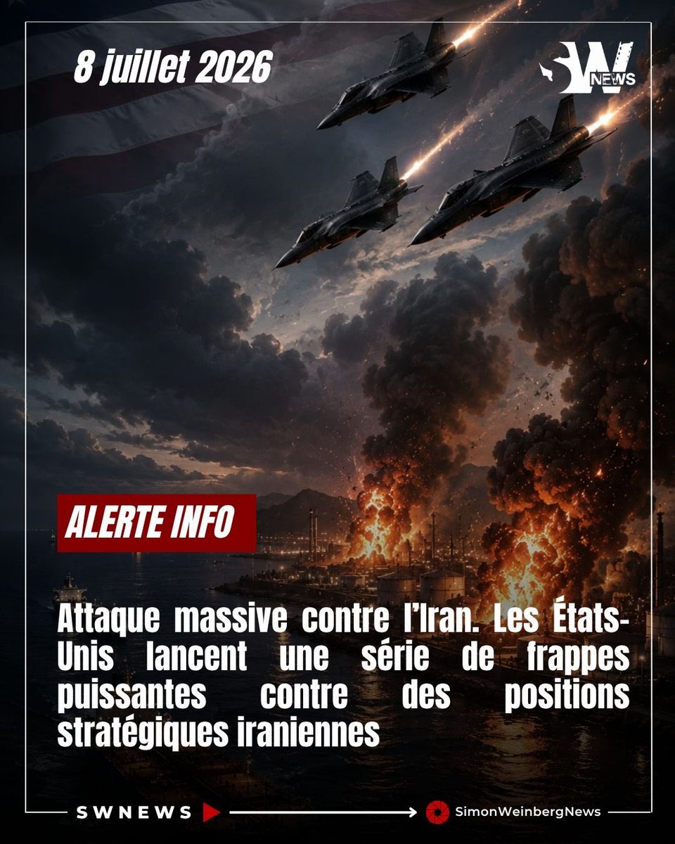 SlMONWEINBERG's tweet photo. 🔴🇺🇸🇮🇷⚡️ | ALERTE INFO > Attaque massive contre l’Iran. Trump passe à l’action : les États-Unis lancent une série de frappes puissantes contre des positions stratégiques iraniennes après les attaques visant des navires commerciaux dans le détroit d’Ormuz.

▪️Selon plusieurs rapports, de puissantes explosions sont signalées dans le sud de l’Iran, notamment dans la région de Bandar Abbas, à Sirik et Chabahar.

▪️Des infrastructures liées aux Gardiens de la révolution auraient été ciblées, notamment des installations navales, des chantiers maritimes et des bases militaires utilisées par le régime iranien.

▪️Un responsable israélien cité par Al-Arabiya affirme que Washington avait informé Israël avant le déclenchement de l’opération américaine. À ce stade, Israël ne serait pas impliqué directement dans ces frappes.

▪️Cette opération intervient après plusieurs attaques attribuées à l’Iran contre des navires commerciaux transitant par le détroit d’Ormuz, voie stratégique du commerce maritime mondial.

▪️Téhéran menace désormais de riposter. Le président de la Commission de la sécurité nationale du Parlement iranien prévient : « Les Américains doivent savoir que nous allons leur répondre de manière écrasante et leur retirer la sécurité partout dans le monde. »

📌 Après avoir annoncé que les attaques contre la liberté de navigation auraient des conséquences, Donald Trump semble désormais avoir choisi l’option militaire face à Téhéran.

#Iran #USA #Trump #Hormuz #MiddleEast