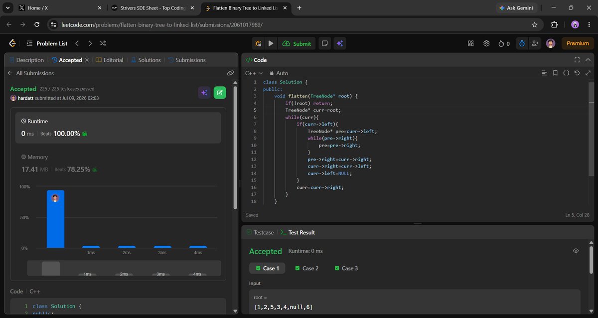 hardattdotdev's tweet photo. Day 39 of #SDEChallenge🚀
>Binary Trees:
☑️Symmetrical Binary Tree
☑️Flatten Binary Tree to Linked List
☑️Children Sum Property in a Binary Tree

[ @striver_79 @takeUforward_ ] https://t.co/lJjqznZu46