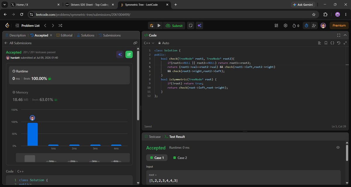 hardattdotdev's tweet photo. Day 39 of #SDEChallenge🚀
>Binary Trees:
☑️Symmetrical Binary Tree
☑️Flatten Binary Tree to Linked List
☑️Children Sum Property in a Binary Tree

[ @striver_79 @takeUforward_ ] https://t.co/lJjqznZu46