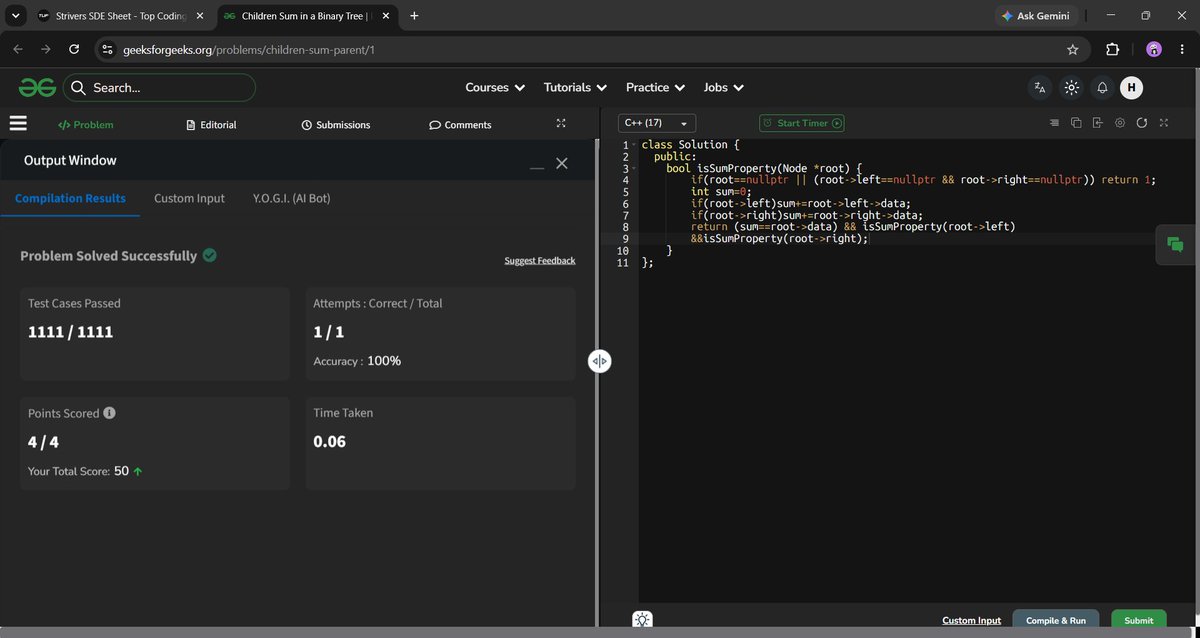 hardattdotdev's tweet photo. Day 39 of #SDEChallenge🚀
>Binary Trees:
☑️Symmetrical Binary Tree
☑️Flatten Binary Tree to Linked List
☑️Children Sum Property in a Binary Tree

[ @striver_79 @takeUforward_ ] https://t.co/lJjqznZu46
