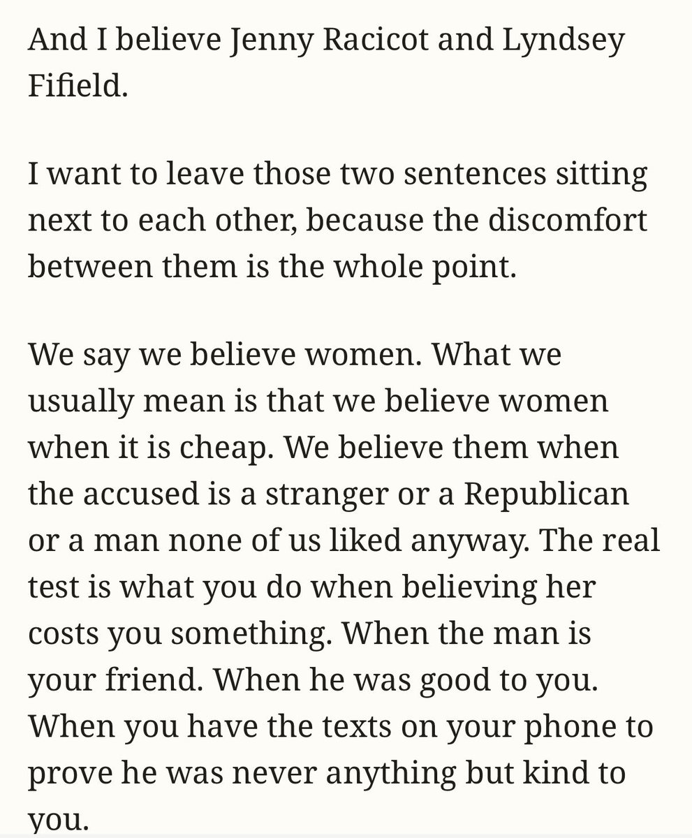 philliplede's tweet photo. She concedes that Platner was always respectful to her, but then says that she wholeheartedly believes the women who are accusing him of sexual impropriety because they are “women.”

She then waxes eloquent about “believ[ing] women” when it is costly do so. In this case, it is expensive to believe Racicot and Fifield because there is no evidence to believe them—and more evidence to disbelieve them. 

Mimms has nothing to corroborate their stories, but seized on this op-ed as an opportune chance to prove her disinterested commitment to leftist dogma. 

Believe all women, no matter what, as an act of faith! Faith is only made greater when it contradicts one’s own firsthand experience.