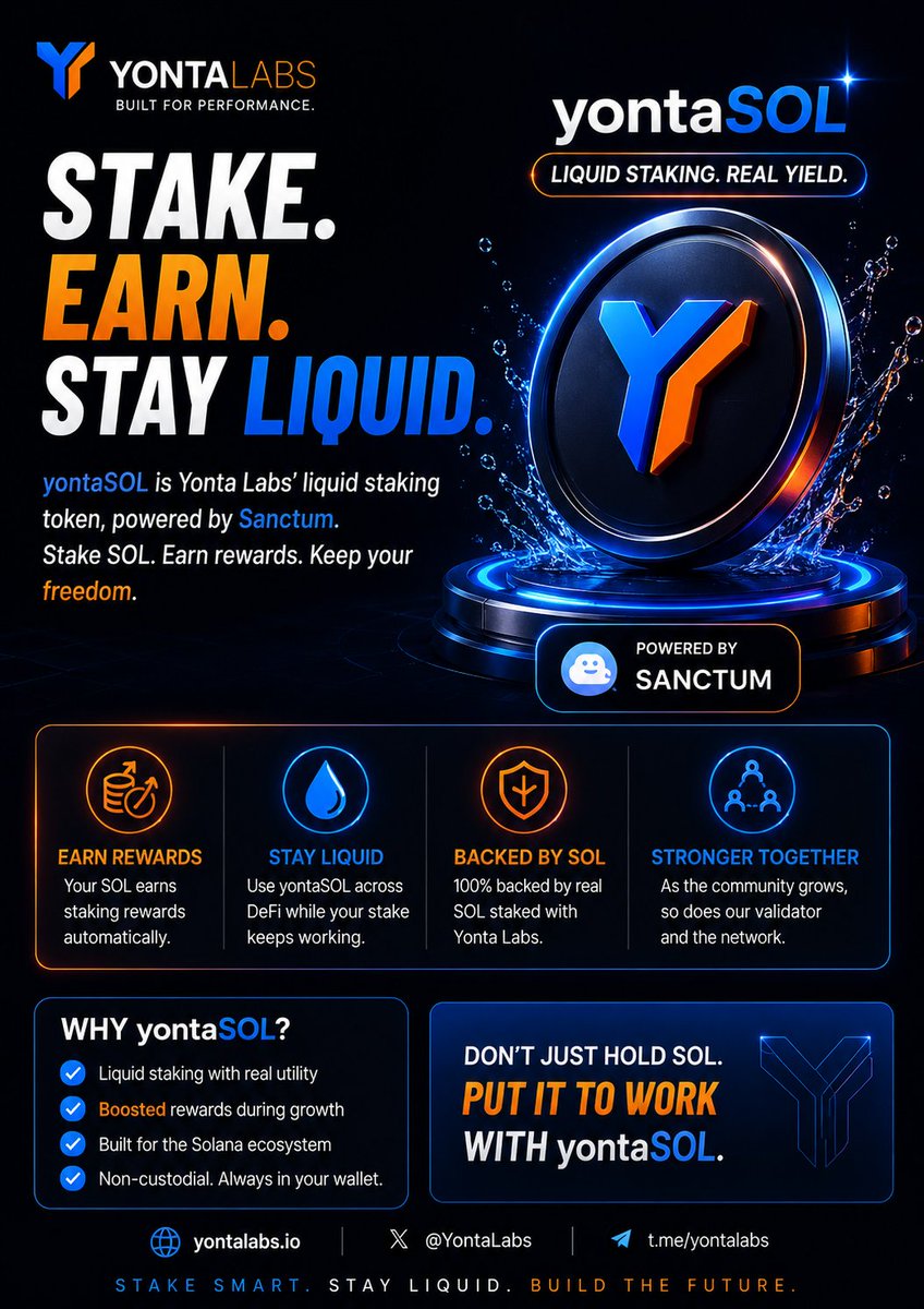 YontaLabs's tweet photo. Most people think staking ends the moment you lock your SOL.

That’s the old way.

With yontaSOL, your stake keeps working while your assets remain usable across the Solana ecosystem.

It isn’t about chasing the highest number today.

It’s about putting your SOL to work without sacrificing flexibility.

That’s the advantage of liquid staking, and that’s what yontaSOL is built for.

Website : https://t.co/Rb4y8FmJZl