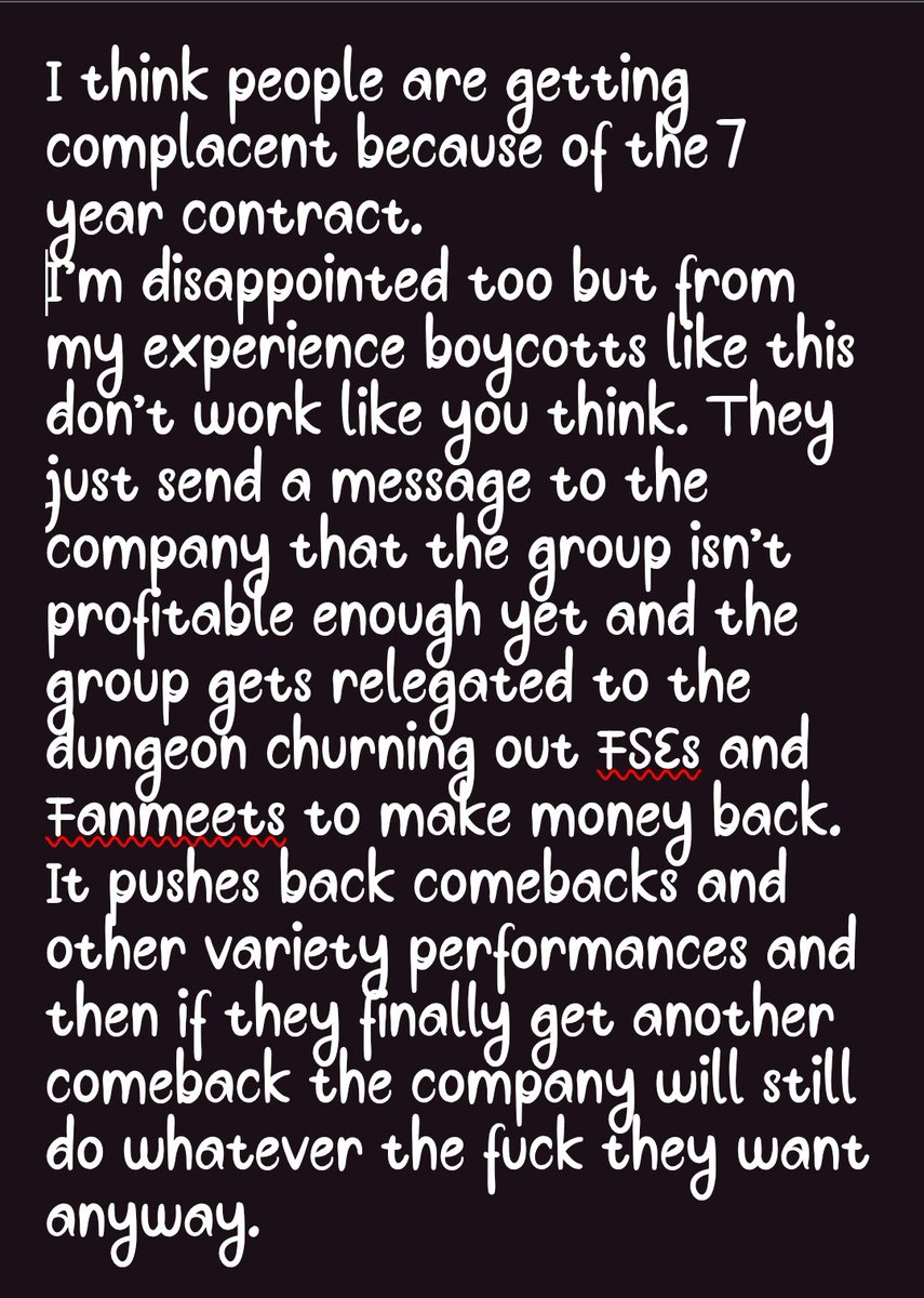 XenaMum's tweet photo. As a fan of KPop for over a decade these boycotts very rarely work out like you think they will. Mostly they just financially cripple the artists. Becoming successful gives groups more agency than boycotts in my experience. https://t.co/lNNjfLnggj