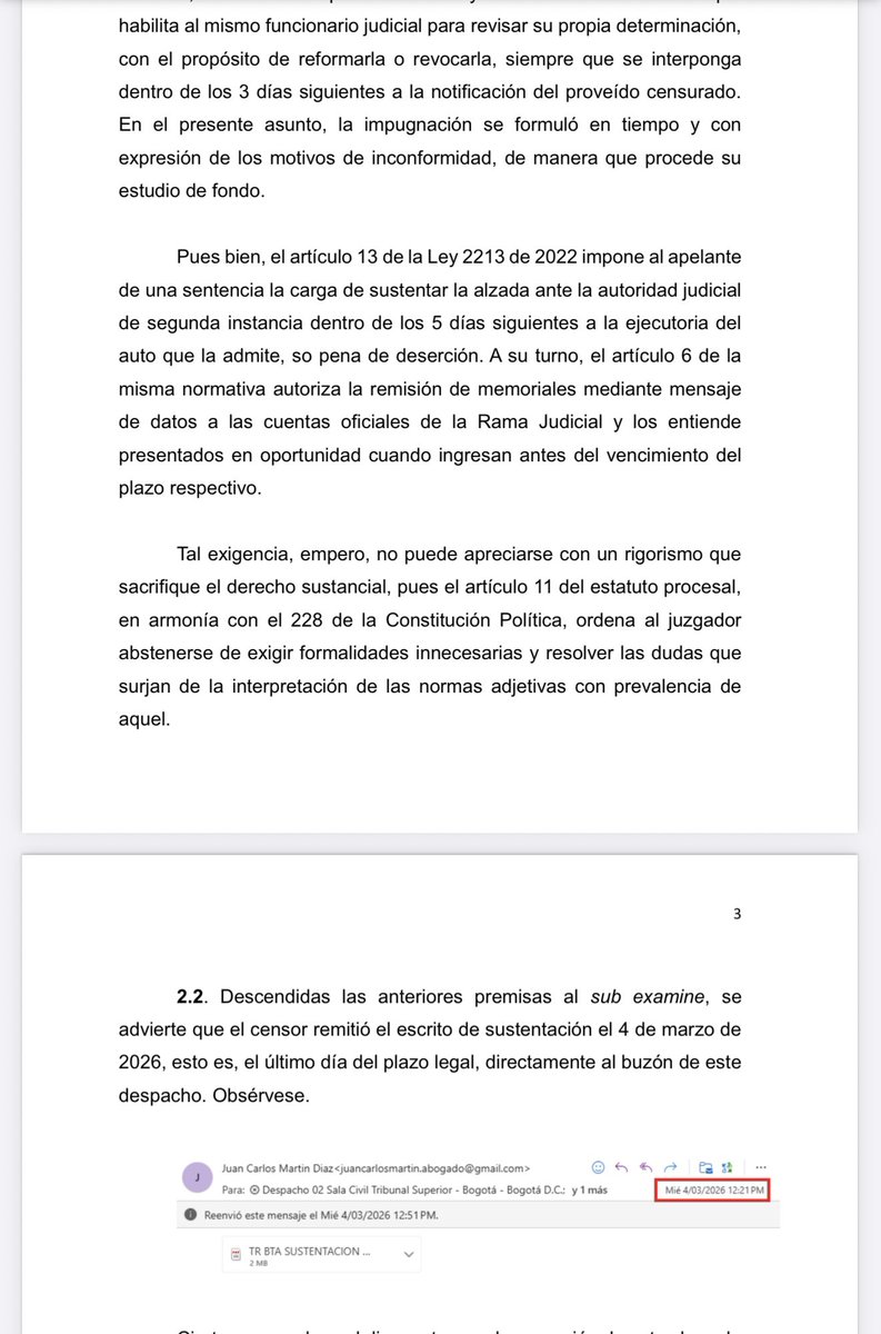 jairoparrac's tweet photo. EL ENVÍO DE LA SUSTENTACIÓN AL CORREO DEL DESPACHO, Y NO AL DE SECRETARÍA, NO JUSTIFICA DECLARAR DESIERTA LA APELACIÓN. TSB: Aunque la sustentación fue enviada al correo del despacho y no al de la Secretaría de la Sala Civil, el Tribunal consideró que el memorial llegó dentro del término legal a una dirección oficial de la Corporación y, además, al despacho que conocía de la apelación. Por eso, la finalidad del acto se cumplió, pues el superior recibió oportunamente los reparos contra la sentencia. En esas condiciones, declarar desierta la apelación por la sola equivocación en el buzón habría sido un exceso ritual.

Me parece una decisión correcta y, sobre todo, garantista. Si la sustentación llegó en tiempo, al Tribunal y al despacho que debía resolver la apelación, lo razonable era tenerla por presentada y permitir que el recurso siguiera su curso —⬇️⬇️—