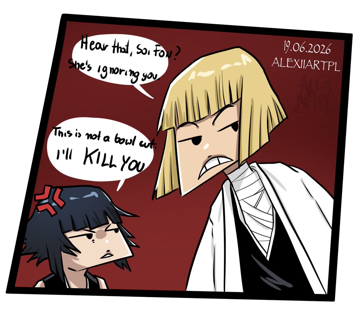 AlexiiArtPL's tweet photo. #bleach #soifon #shinji   

🐝[My old art from June 19, 2026]🐝

Haha ! i love this scene

My version and the original.

.
.
.

Art is made in my "Chibicature" style Chibicature (Chibi + caricature)