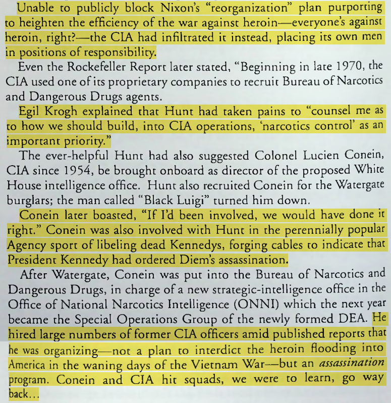 toxictiramisu's tweet photo. When Nixon created the DEA, CIA infiltrated it w/ 100+ operatives. The War on Drugs became cover for int'l assassinations: targets were selected, while local hitmen were recruited from DEA informant files and offered cash, US citizenship, or dropped charges to carry out the hits. https://t.co/PfhxeToXiP