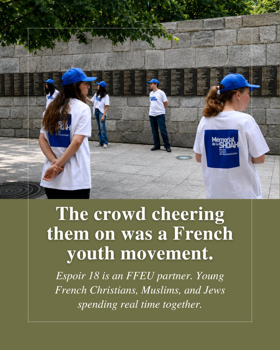 FFEUnyc's tweet photo. Last summer in Paris, a Holocaust survivor and a young French athlete carried the Olympic flame together, past the @Shoah_Memorial .

The crowd cheering was @espoir18paris, a French interfaith youth movement and FFEU partner.
This year @EmmanuelMacron gave them the Ilan Halimi Award.