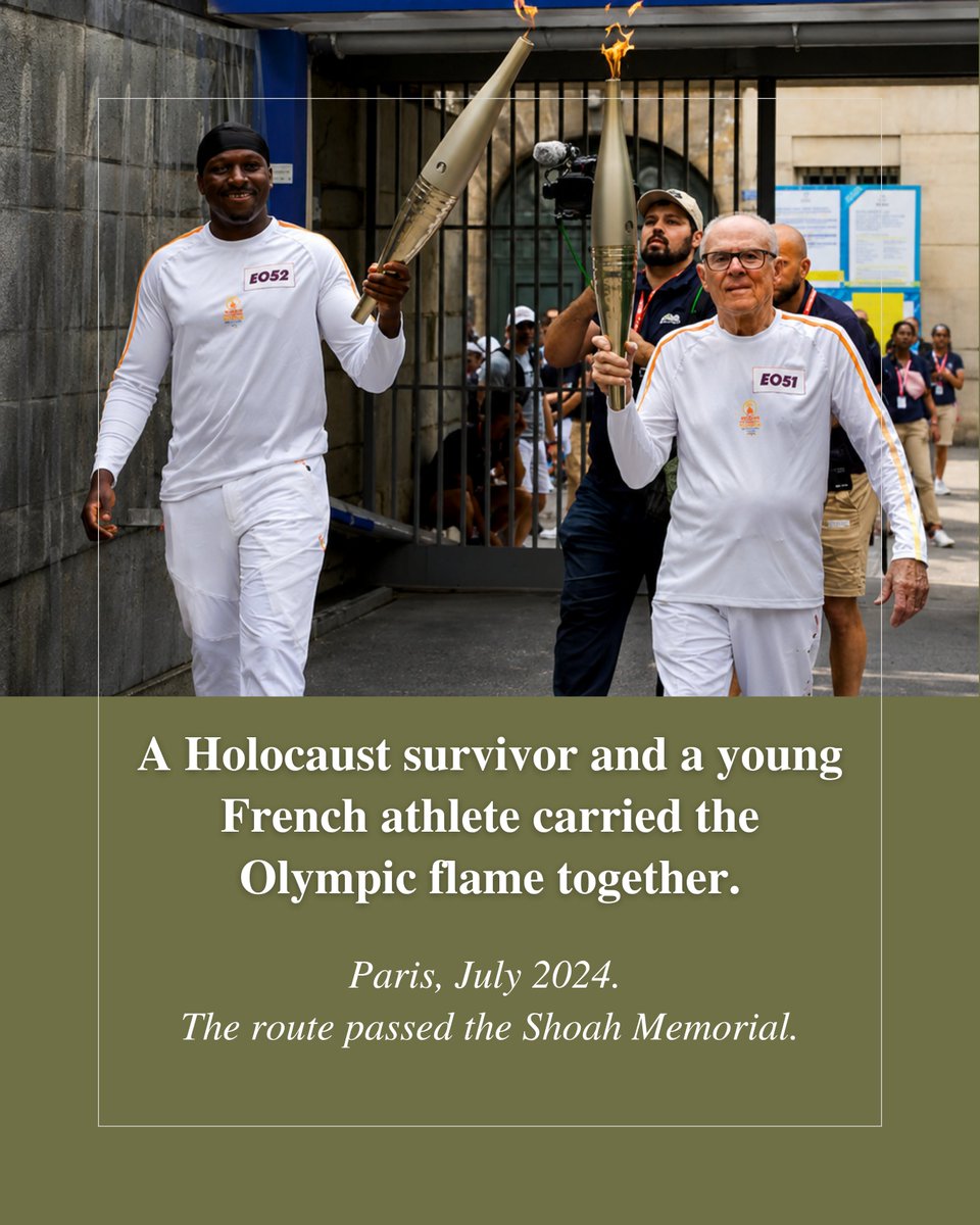 FFEUnyc's tweet photo. Last summer in Paris, a Holocaust survivor and a young French athlete carried the Olympic flame together, past the @Shoah_Memorial .

The crowd cheering was @espoir18paris, a French interfaith youth movement and FFEU partner.
This year @EmmanuelMacron gave them the Ilan Halimi Award.