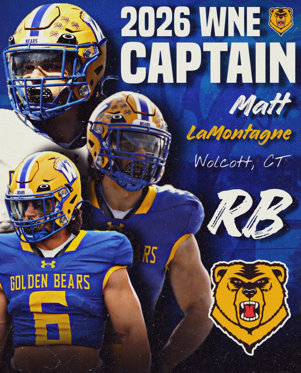 WNEFB's tweet photo. Weโre excited to announce that RB Matt LaMontagne has been named one of the 2026 WNE Football Position Captains ๐๐
๐ Wolcott, CT
๐ซ Wolcott High School
๐ RB
๐ 2027
#AlwaysOn #RollBears #OneBetter https://t.co/zgMcdAYbpg