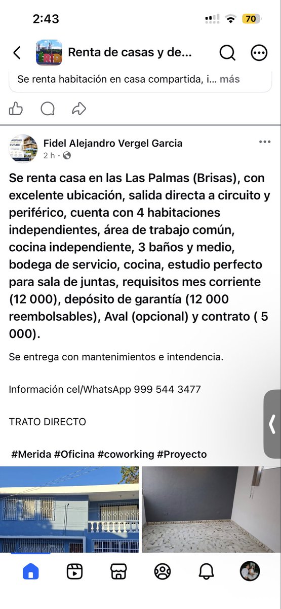 Virginiaen48621's tweet photo. Rentas en Mérida Yucatán,ganas 8mil al mes -12mil si te va bien y una persona de casi 60 años, me decía ayer ustedes tienen mucha oportunidad de estudiar y tienen muchas cosas su alcance en mis tiempos era más fácil conseguir vivienda o terrenos y es lo que ustedes ya no.☹️ https://t.co/2WjioXJb8z