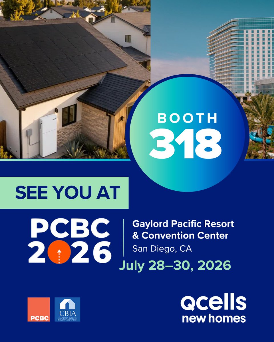 Qcells_NA's tweet photo. Buckle up, homebuilders… it’s going to be a power-packed ride at @PCBC_TheShow #PCBC2026! 

Visit Booth #318 to chat with the Qcells New Homes team about building smarter, energy-efficient, and future-ready homes. 🏡🔋 We have the complete clean energy solutions to boost your value and your buyers’ peace of mind.

Learn more and register here: 
https://t.co/BY7MpBXVue