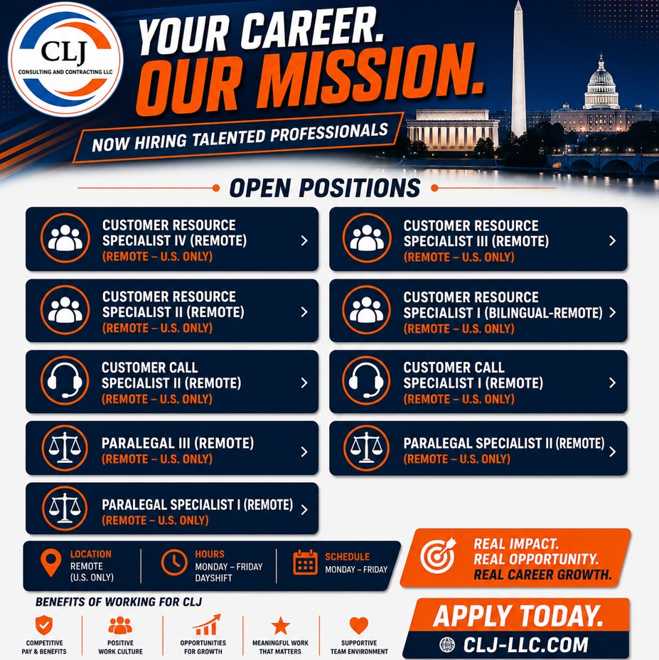 CLJ_LLC's tweet photo. We are growing again! We currently have 9 REMOTE positions open - apply today!! https://t.co/g4crNZM1gC