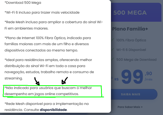 fprcampos's tweet photo. Agora, buscando outros provedores de internet, encontro essa pérola. Se uma internet de 500 Mbps não é indicada para jogos online, imaginem o packet loss. https://t.co/HQfLFZ3do1