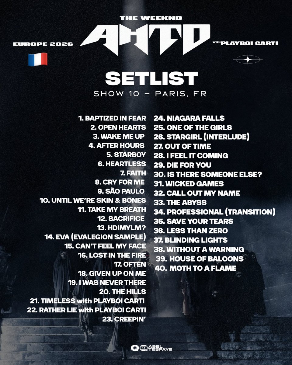 QGTheWeeknd's tweet photo. The Weeknd performs 40 songs on the first night in Paris, France 🇫🇷 https://t.co/LFfRZ9vfEU