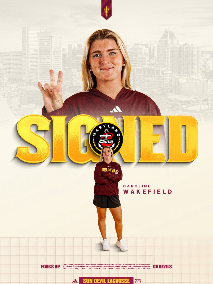 SunDevilWLax's tweet photo. It's showtime in Maryland 🤩

Our AHC, Caroline Wakefield has officially signed with the Maryland Charm 😈

#ForksUp /// #O2V https://t.co/AgWzWWUL5V