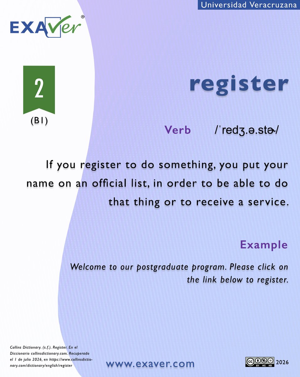 EXAVER's tweet photo. ¡En la Universidad Veracruzana estamos por iniciar un nuevo semestre! 🙌🏻🤓
Por eso, la #wordofthemonth de este mes va
acorde con la dinámica de ingreso.
“Register” es una palabra nivel B1 correspondiente al vocabulario que puedes encontrar en EXAVER 2. 🟢 https://t.co/bX49uVeNiw