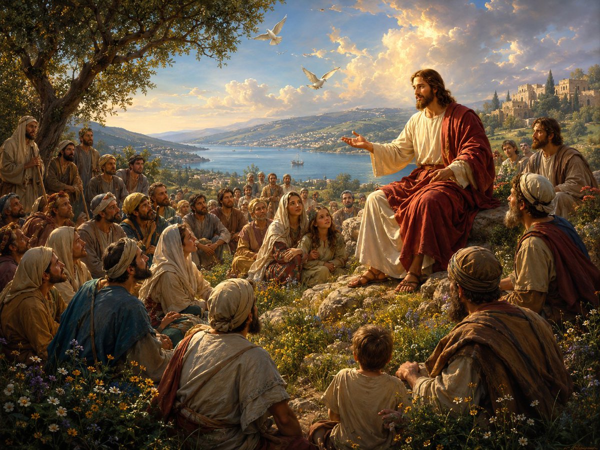 MattMeyer007's tweet photo. ✨ The Sermon on the Mount ✨

"Blessed are the peacemakers, for they shall be called children of God." — Matthew 5:9

This High Renaissance-inspired artwork portrays Jesus Christ teaching beside the tranquil Sea of Galilee during the Sermon on the Mount. Bathed in warm golden light, Christ shares timeless truths of compassion, mercy, humility, forgiveness, and hope with people from every walk of life. The peaceful hills, olive trees, wildflowers, and calm waters reflect the harmony of creation, while white doves symbolize peace and the presence of the Holy Spirit.

Inspired by the beauty of classical Renaissance sacred art, this painting seeks to capture the enduring message of Christ's invitation to love God, love one another, and live with grace, wisdom, and faith.

May this artwork encourage reflection, inspire kindness, and remind us that the teachings of Jesus continue to offer hope to the world.

Artwork created by Matthew Meyer.