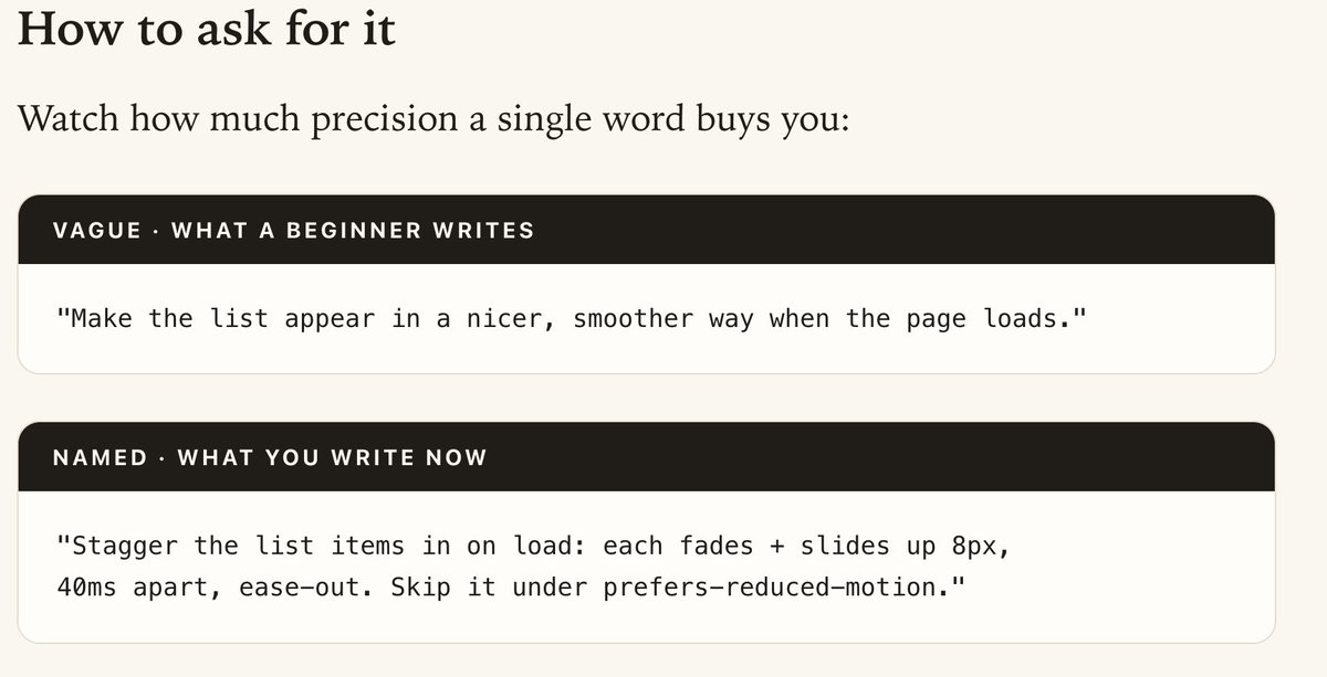 trixai3's tweet photo. I've been saying 'make it smoother.' Turns out every motion I wanted already has a precise name — stagger, pop-in, origin-aware, rubber-banding. Learning the words made me 10× better at directing AI to build UI. Naming is control. https://t.co/rqHfd9vdHT