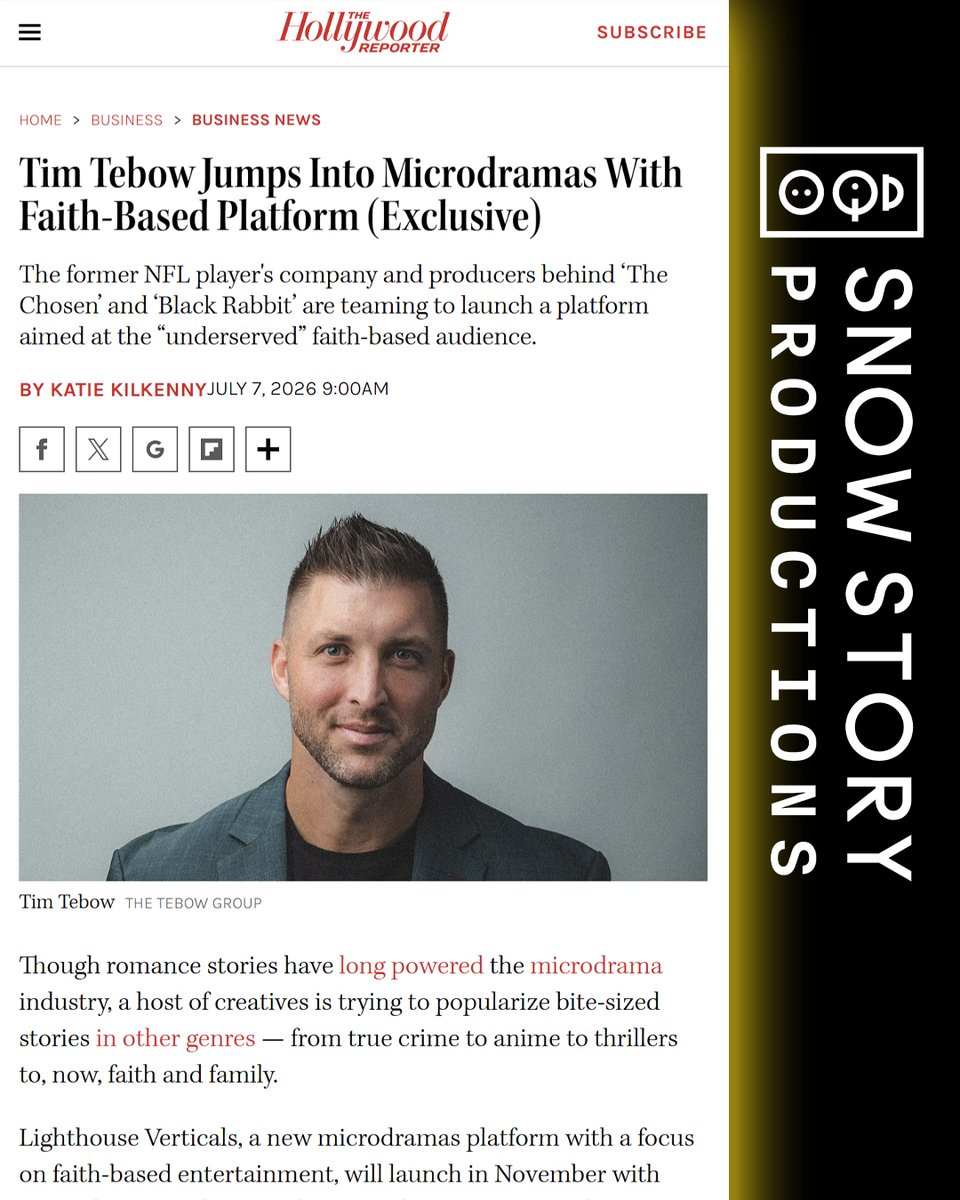SnowStoryMedia's tweet photo. Major milestone! 🚀  

We are so happy to see the official launch of Lighthouse Verticals, a new platform dedicated to uplifting, values-driven microdramas, is ON THE WAY!

That's right, something all new is coming soon from former NFL star TIM TEBOW! Yep: #tebowtime ‼️👏

With original productions from Studio316 and Snow Story Productions, Lighthouse is building a new home for compelling stories centered on faith, family, hope, and purpose.

We're excited to be part of helping audiences engage with culture through stories that inspire, connect, and entertain.

Thank you Katie Kilkenny and The Hollywood Reporter for the exclusive coverage, as always!

Stay tuned, people! So much more is coming from Snow Story Productions! ���️
@kilkennykatie7 @hollywoodreporter @snowstoryproductions

#snowstory #lighthouseverticals
#verticals #microdramas
#familyentertainment