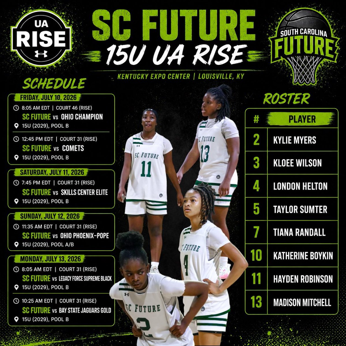scfuturebb's tweet photo. UA Rise Session 2 Schedule 💚🖤

📍Louisville, KY https://t.co/m1rPUPsyjO