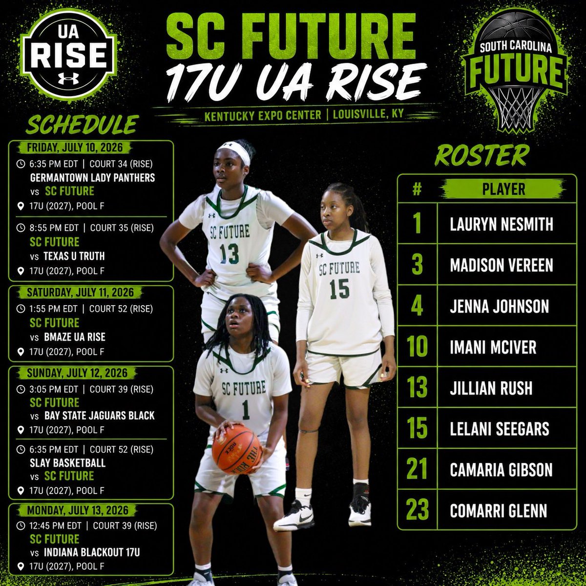 scfuturebb's tweet photo. UA Rise Session 2 Schedule 💚🖤

📍Louisville, KY https://t.co/m1rPUPsyjO