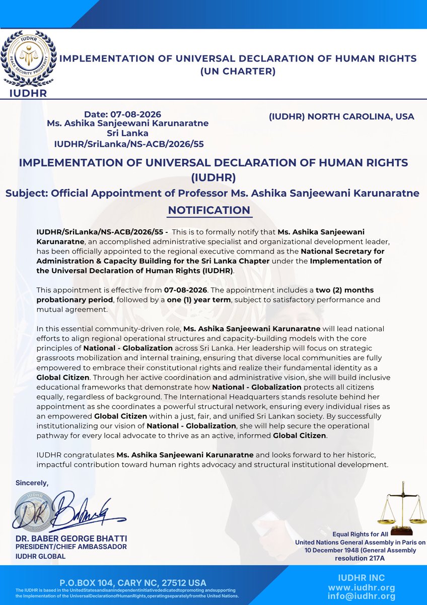 IudhrUn's tweet photo. 📢 Official: IUDHR appoints administrative specialist Ms. Ashika Sanjeewani Karunaratne as National Secretary for Sri Lanka Chapter! 🇱🇰 

#IUDHR #HumanRights #SriLanka #GlobalCitizen #NationalGlobalization #Administration #Justice https://t.co/v4ZyUHnyKL